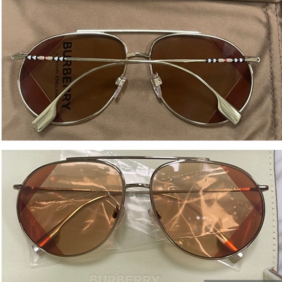 BURBERRY PILOT GOLD-TONE METAL AVIATORS WITH 2 TONE DESIGN DETAILING ON LENSES - Picture 16 of 16